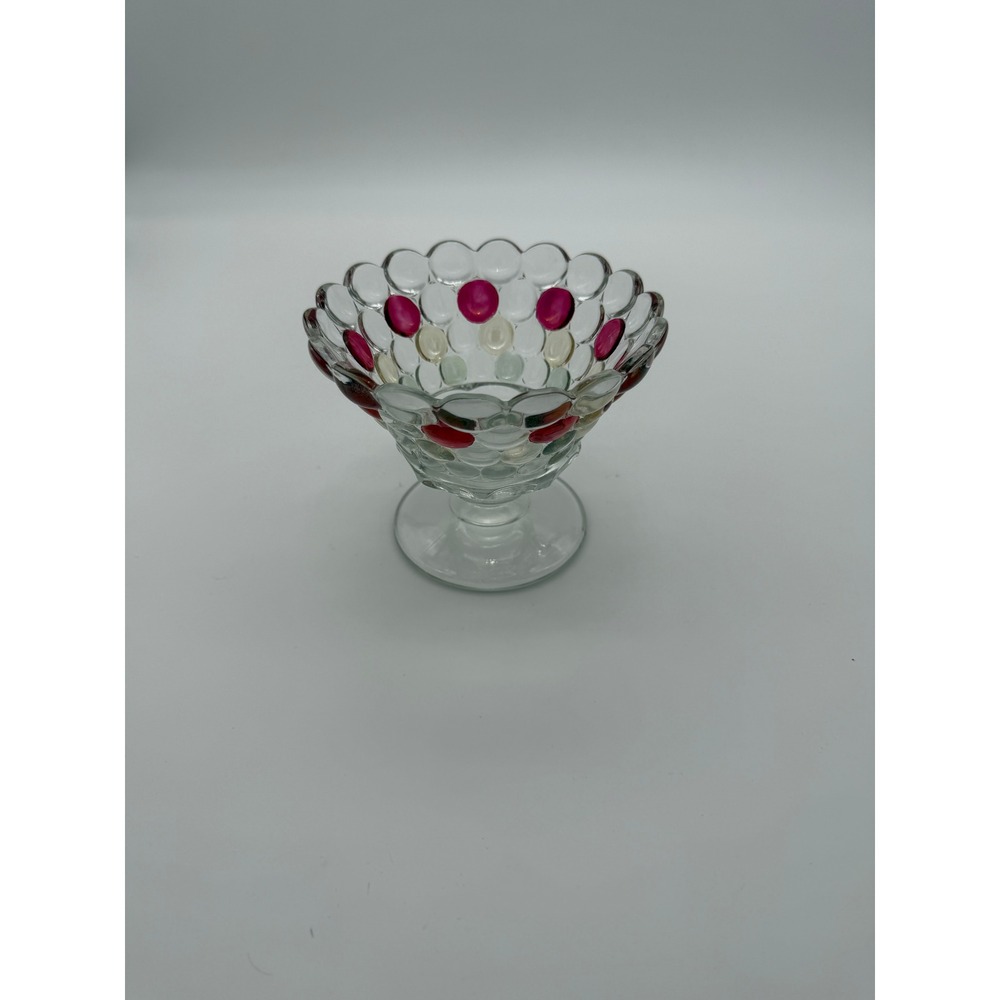 Vintage Boopie Glass Footed Compote Bowl Pink White Dotted Scalloped Edge 3.5"